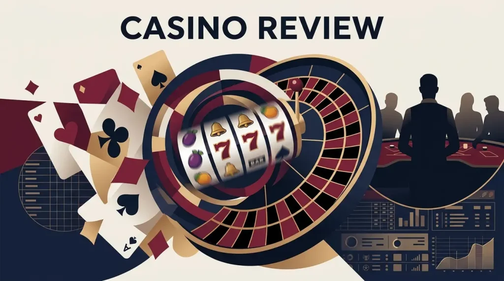 Illustration combining slot reels, roulette, blackjack cards and sportsbook motifs