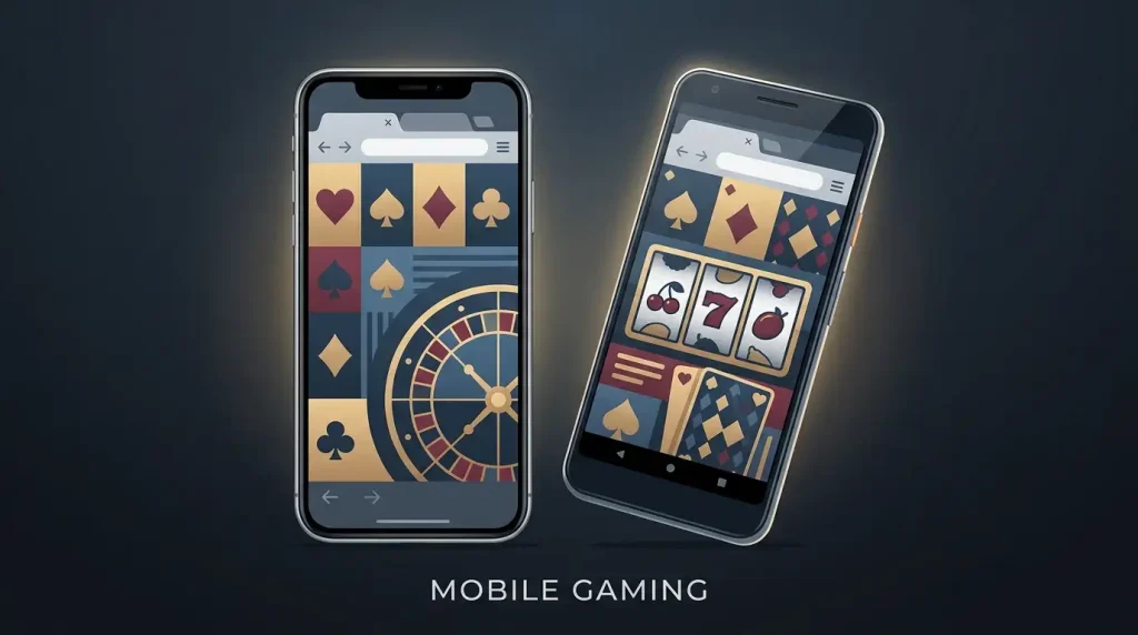 Illustration of a mobile casino browser experience on smartphone devices