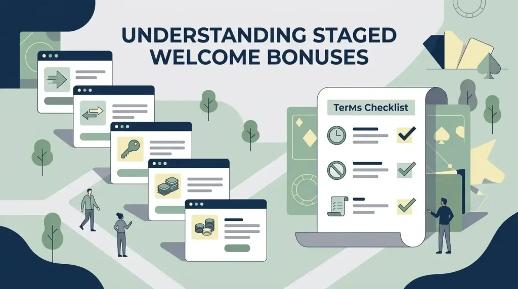 Illustration of a five-stage casino welcome bonus with a terms checklist