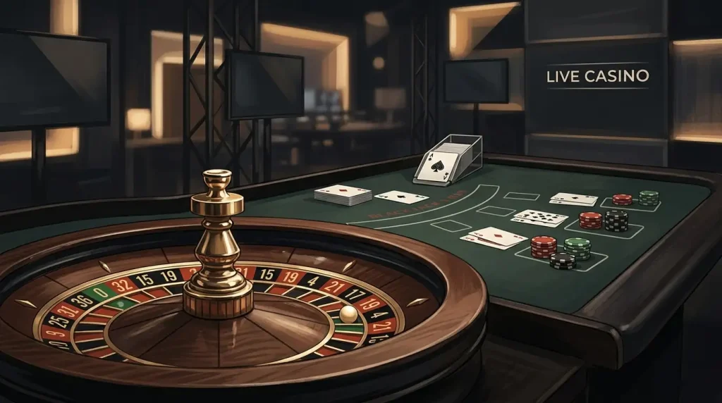 Illustration of a live dealer casino table with roulette and blackjack elements
