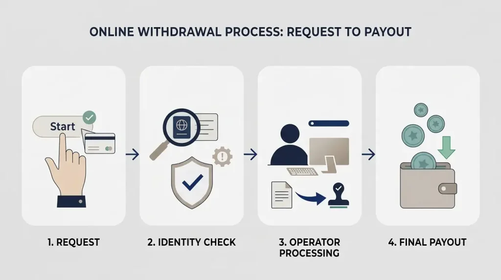 Illustration of a withdrawal moving through request, verification, processing and payout stages